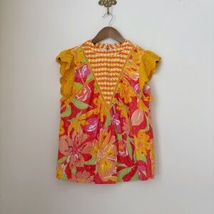 Verb Vibrant Floral Eyelet Top XS Boho Summer Anthropologie